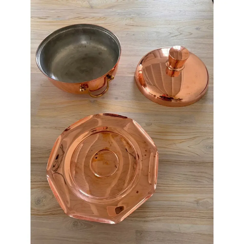 VINTAGE Copper Pot with Lid Carry Handles & Matching Scalloped Edge Base Stand